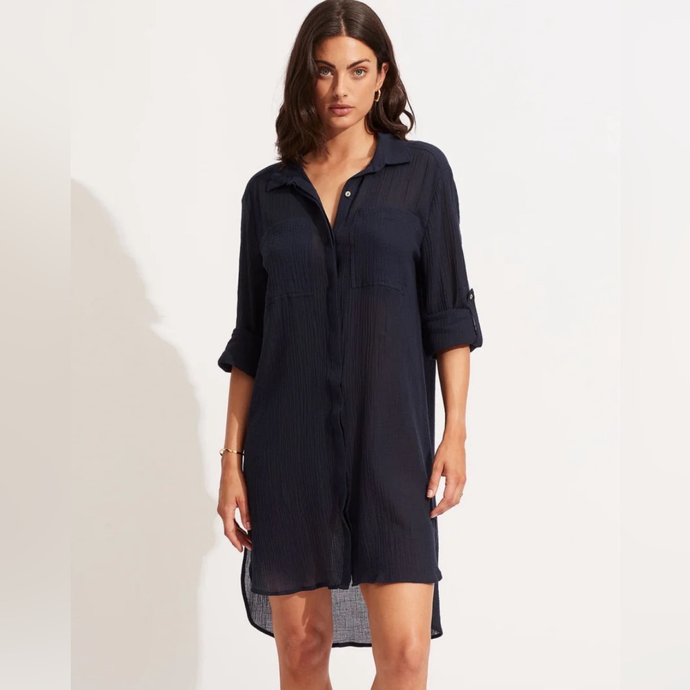 Seafolly Crinkle Twill Beach Shirt - Indigo size L NWOT